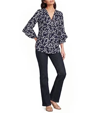 Jones New York Kelly Woven Printed V-Neck Long Flutter Sleeve Top