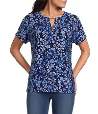 Jones New York Knit Jersey Floral Round Neck Short Sleeve Top