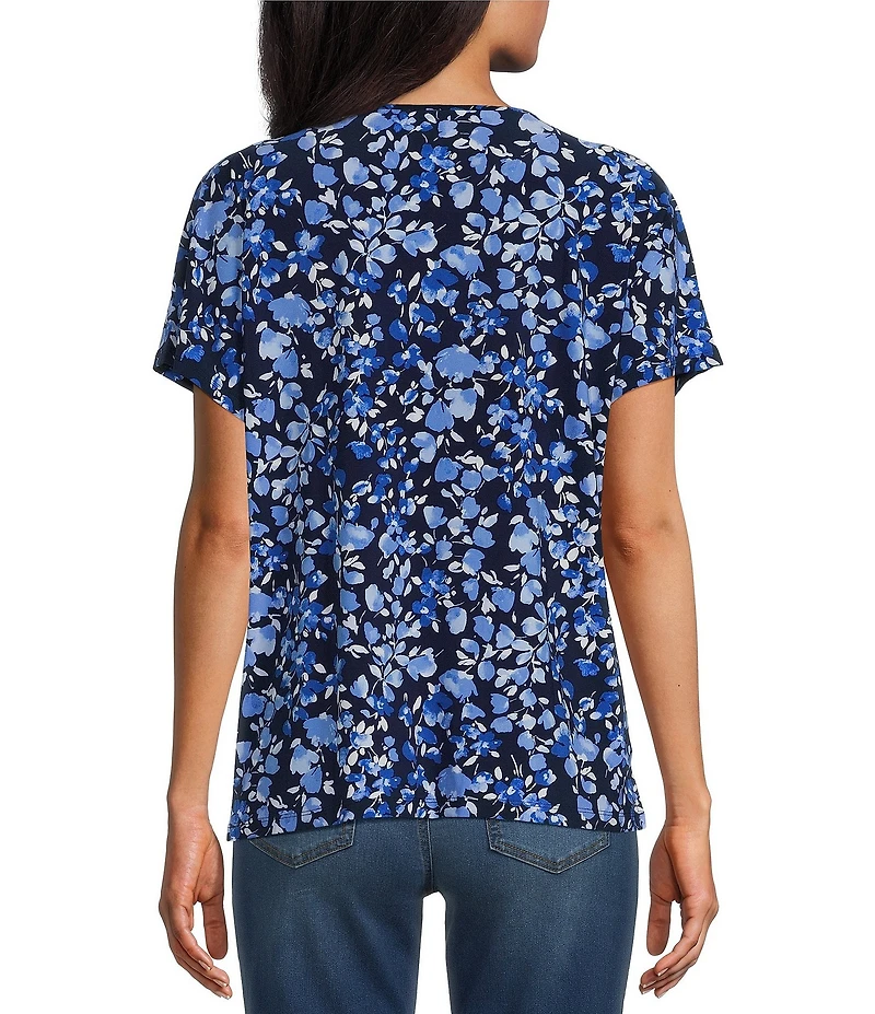 Jones New York Knit Jersey Floral Round Neck Short Sleeve Top