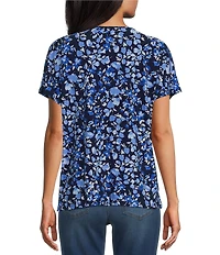 Jones New York Knit Jersey Floral Round Neck Short Sleeve Top