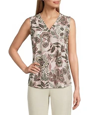 Jones New York Knit Paisley V-Neck Sleeveless Pleated Cami