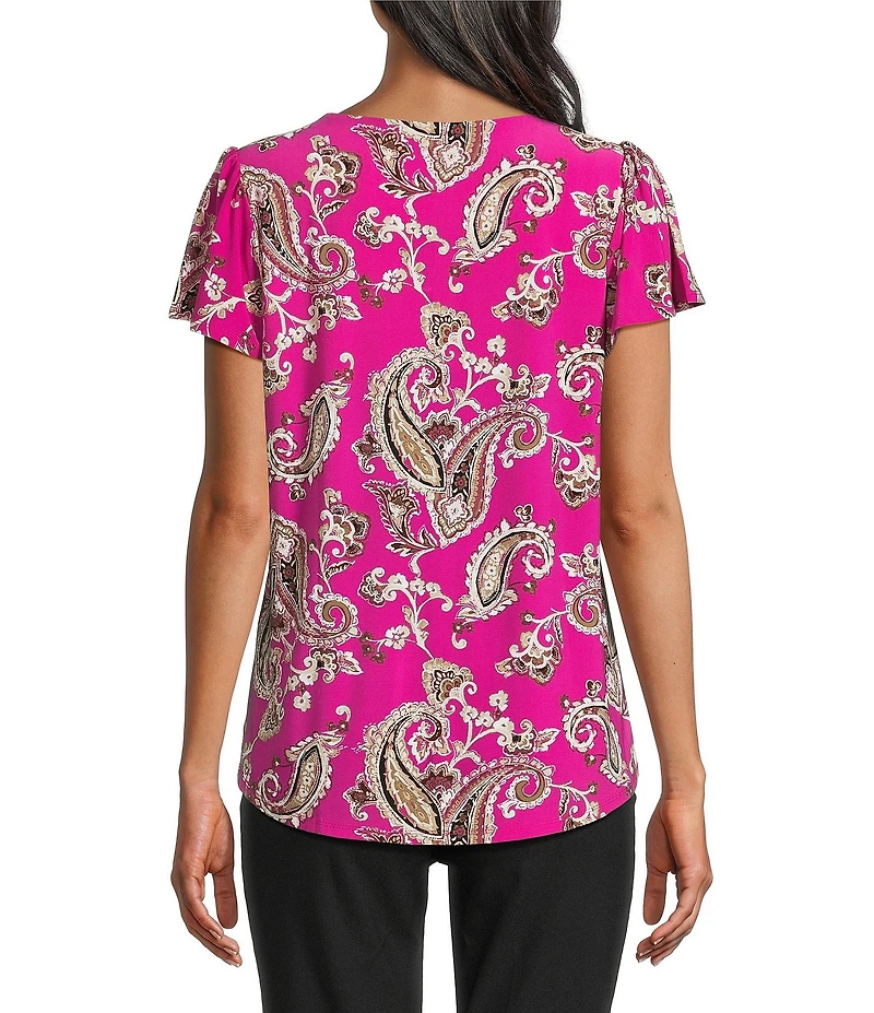 Jones New York Knit Printed V-Neck Flutter Sleeve Top