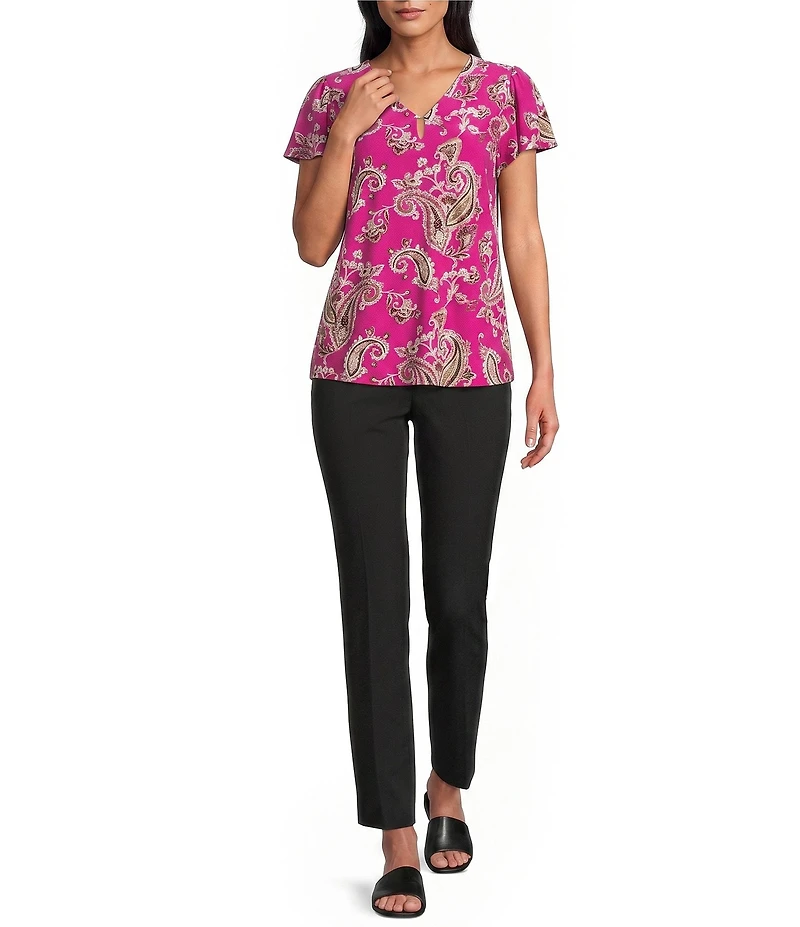 Jones New York Knit Printed V-Neck Flutter Sleeve Top