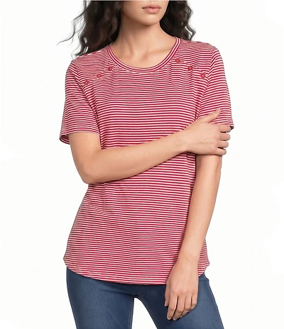 Jones New York Knit Stripe Button Detail Crew Neck Short Sleeve Tee