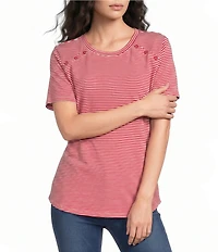 Jones New York Knit Stripe Button Detail Crew Neck Short Sleeve Tee