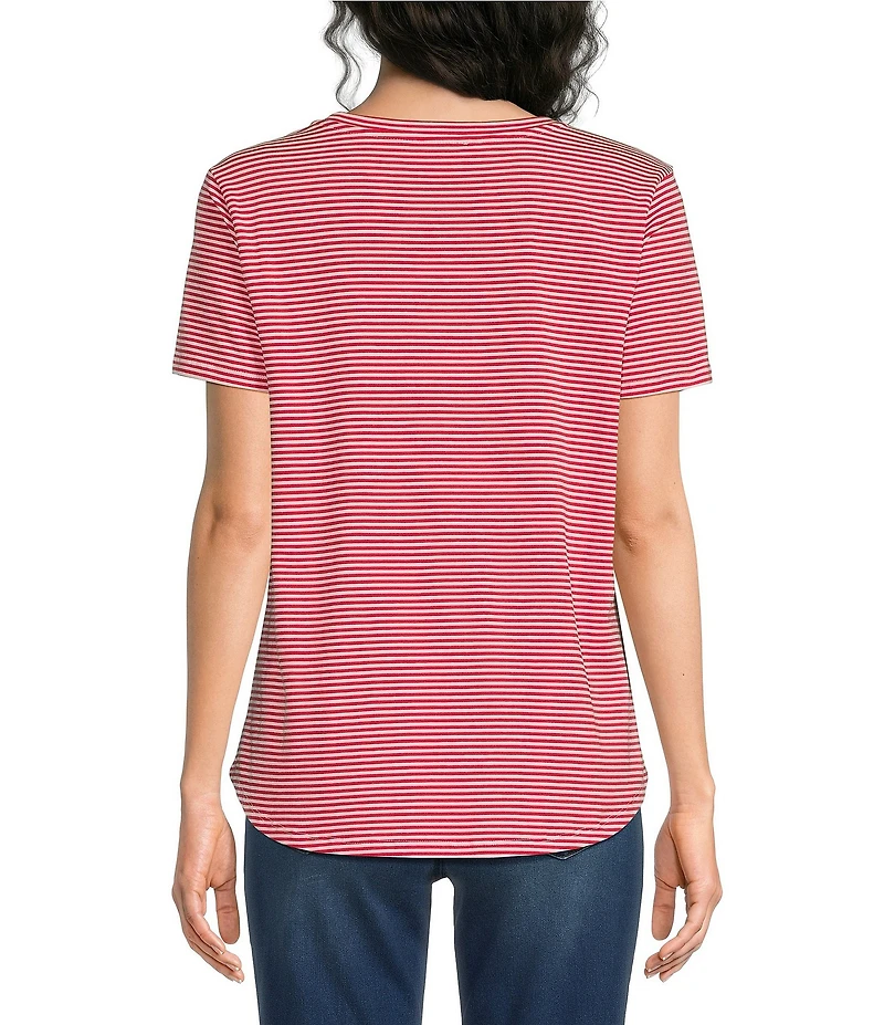 Jones New York Knit Stripe Button Detail Crew Neck Short Sleeve Tee
