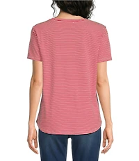 Jones New York Knit Stripe Button Detail Crew Neck Short Sleeve Tee