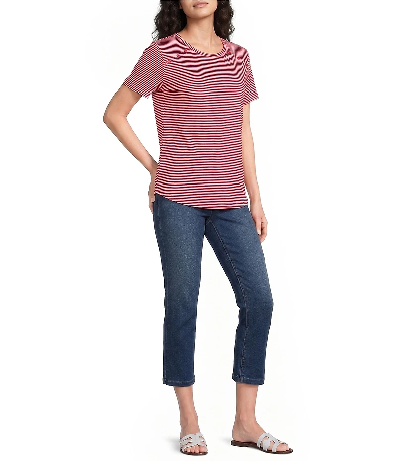 Jones New York Knit Stripe Button Detail Crew Neck Short Sleeve Tee