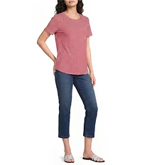Jones New York Knit Stripe Button Detail Crew Neck Short Sleeve Tee