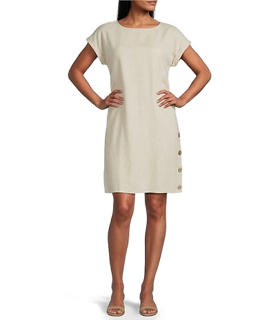 Jones New York Linen Blend Crew Neck Short Sleeve Side Button Detail Swing Dress