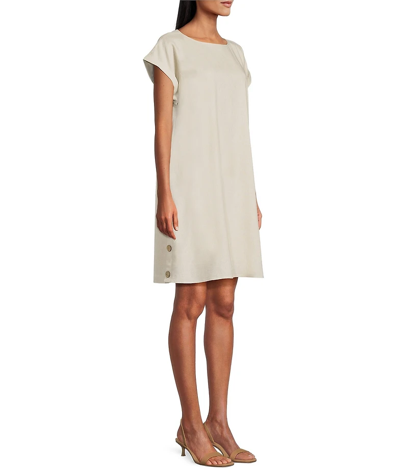 Jones New York Linen Blend Crew Neck Short Sleeve Side Button Detail Swing Dress