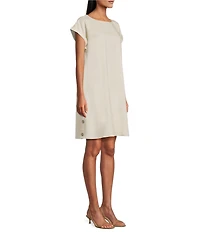 Jones New York Linen Blend Crew Neck Short Sleeve Side Button Detail Swing Dress
