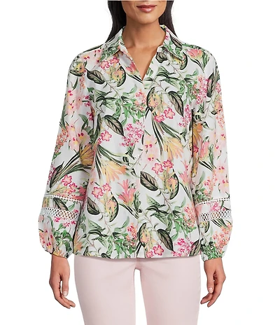 Jones New York Linen Blend Floral Collared Y-Neck Long Sleeve Cut Out Trim Button Front Shirt