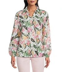 Jones New York Linen Blend Floral Collared Y-Neck Long Sleeve Cut Out Trim Button Front Shirt