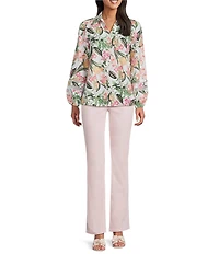 Jones New York Linen Blend Floral Collared Y-Neck Long Sleeve Cut Out Trim Button Front Shirt