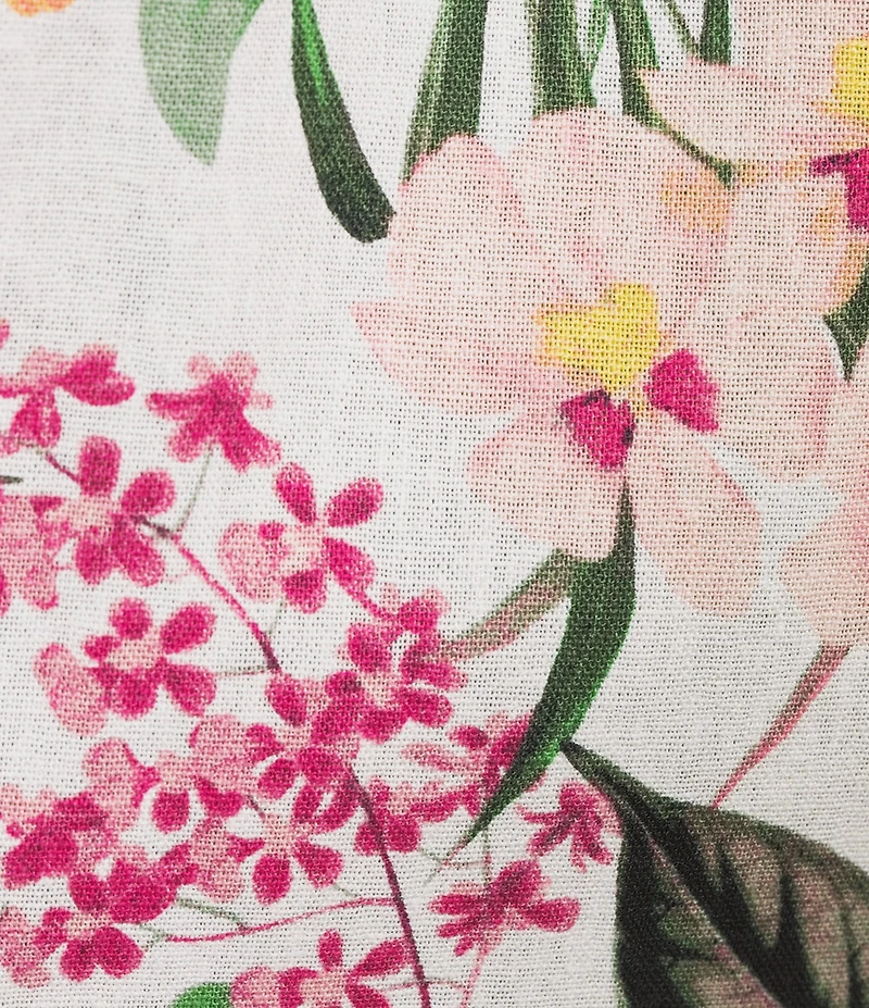 Jones New York Linen Blend Floral Collared Y-Neck Long Sleeve Cut Out Trim Button Front Shirt