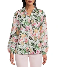 Jones New York Linen Blend Floral Collared Y-Neck Long Sleeve Cut Out Trim Button Front Shirt