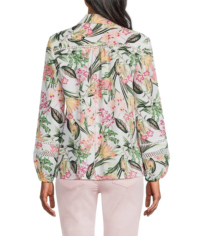 Jones New York Linen Blend Floral Collared Y-Neck Long Sleeve Cut Out Trim Button Front Shirt