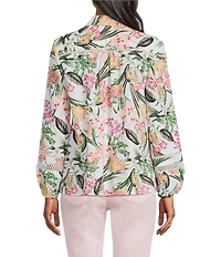 Jones New York Linen Blend Floral Collared Y-Neck Long Sleeve Cut Out Trim Button Front Shirt