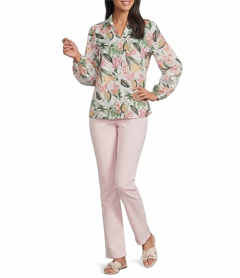 Jones New York Linen Blend Floral Collared Y-Neck Long Sleeve Cut Out Trim Button Front Shirt
