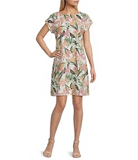 Jones New York Linen Blend Floral Crew Neck Short Sleeve Side Button Detail Swing Dress