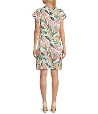 Jones New York Linen Blend Floral Crew Neck Short Sleeve Side Button Detail Swing Dress