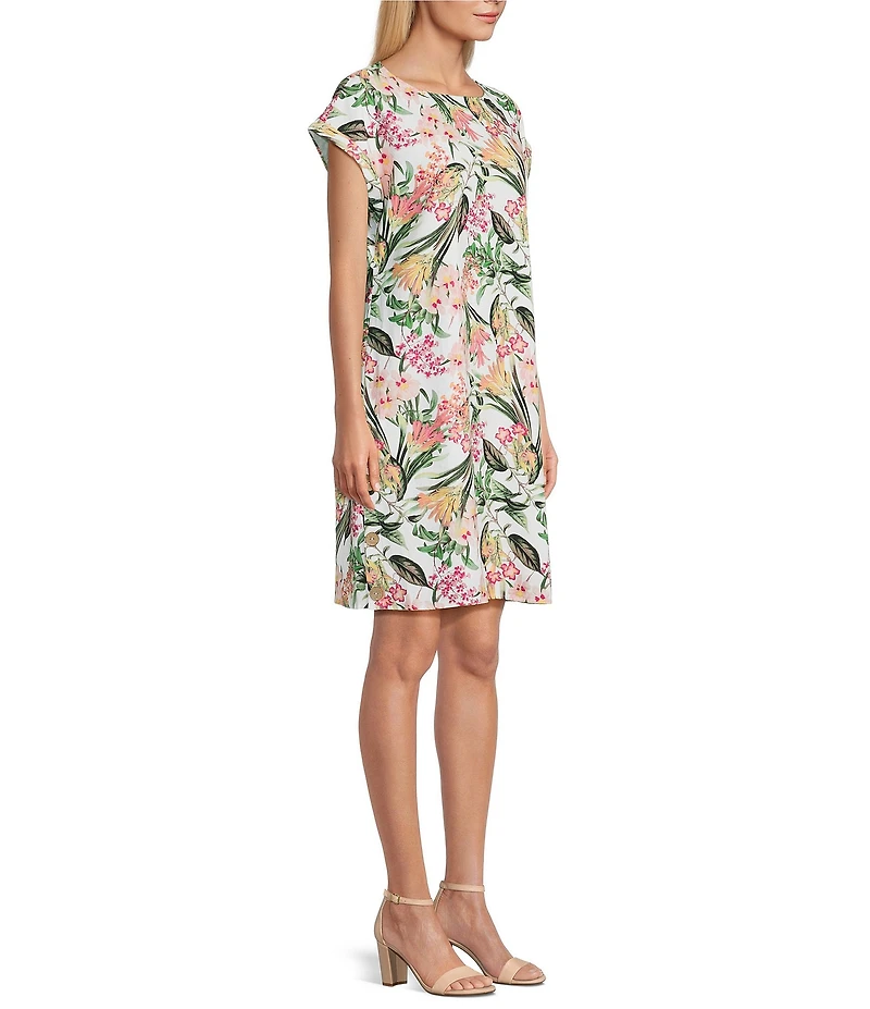 Jones New York Linen Blend Floral Crew Neck Short Sleeve Side Button Detail Swing Dress