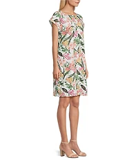 Jones New York Linen Blend Floral Crew Neck Short Sleeve Side Button Detail Swing Dress