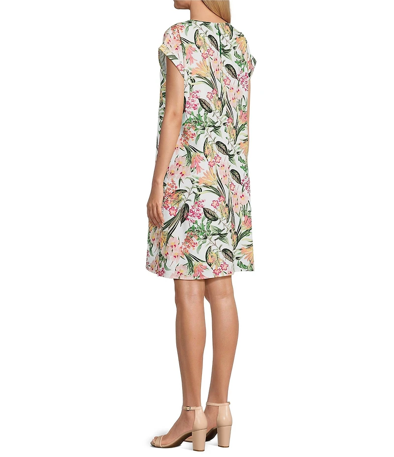 Jones New York Linen Blend Floral Crew Neck Short Sleeve Side Button Detail Swing Dress