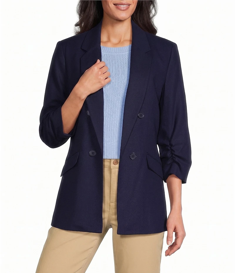 Jones New York Linen Blend Notch Lapel Long Scrunch Sleeve Open Front Blazer