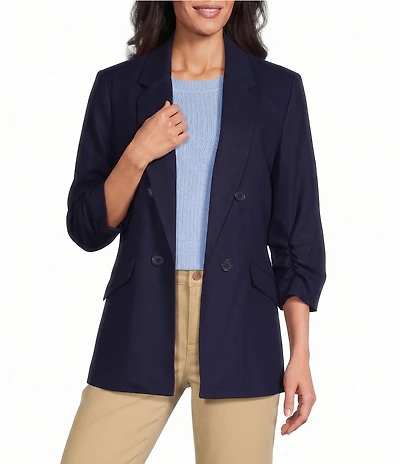 Jones New York Linen Blend Notch Lapel Long Scrunch Sleeve Open Front Blazer