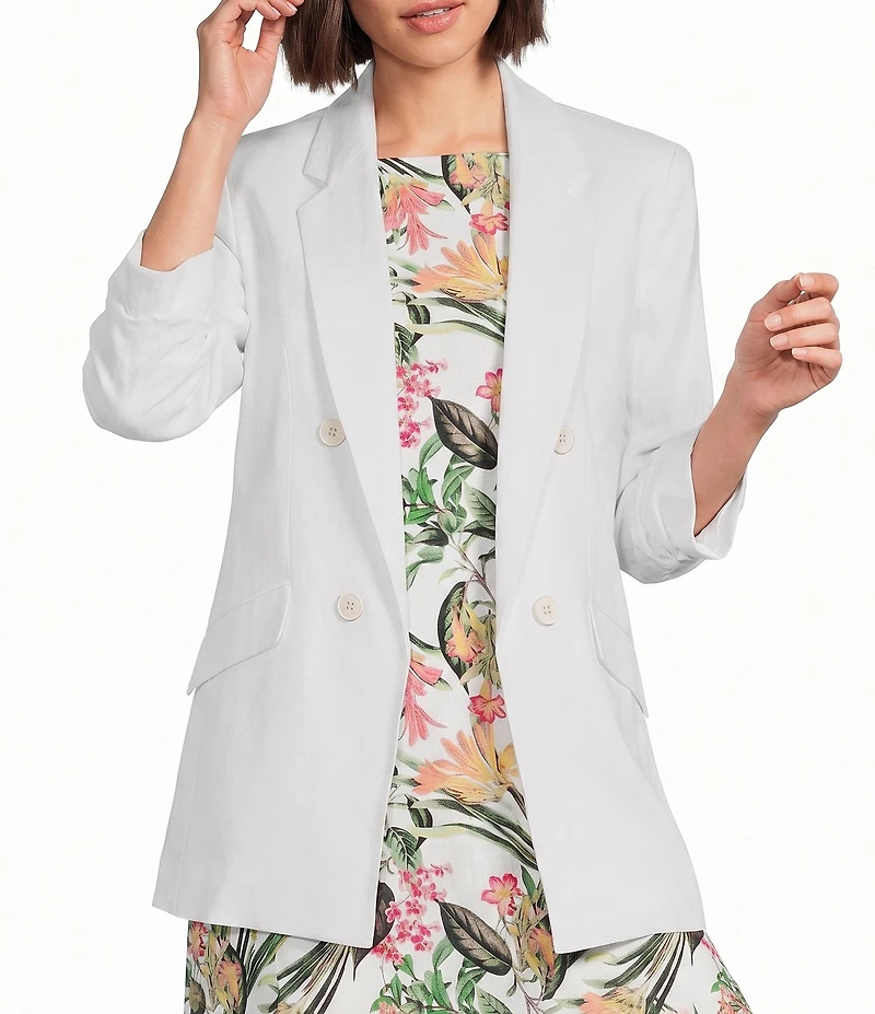 Jones New York Linen Blend Notch Lapel Long Scrunch Sleeve Open Front Blazer