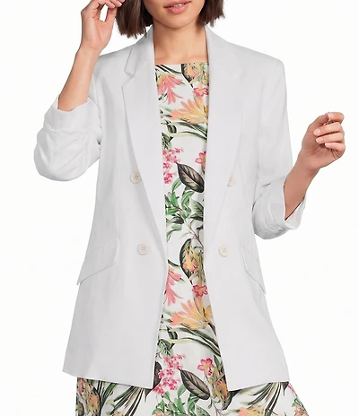 Jones New York Linen Blend Notch Lapel Long Scrunch Sleeve Open Front Blazer
