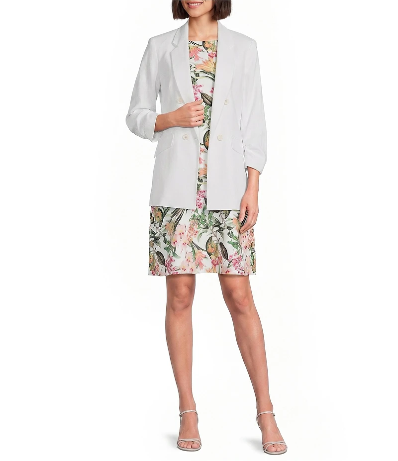 Jones New York Linen Blend Notch Lapel Long Scrunch Sleeve Open Front Blazer