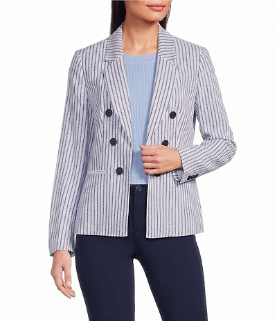 Jones New York Linen Blend Stripe Faux Double Breasted Notch Lapel Long Sleeve Jacket