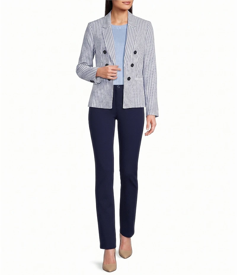 Jones New York Linen Blend Stripe Faux Double Breasted Notch Lapel Long Sleeve Jacket