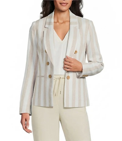 Jones New York Linen Blend Stripe Faux Double Breasted Notch Lapel Long Sleeve Open Front Blazer