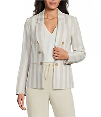 Jones New York Linen Blend Stripe Faux Double Breasted Notch Lapel Long Sleeve Open Front Blazer