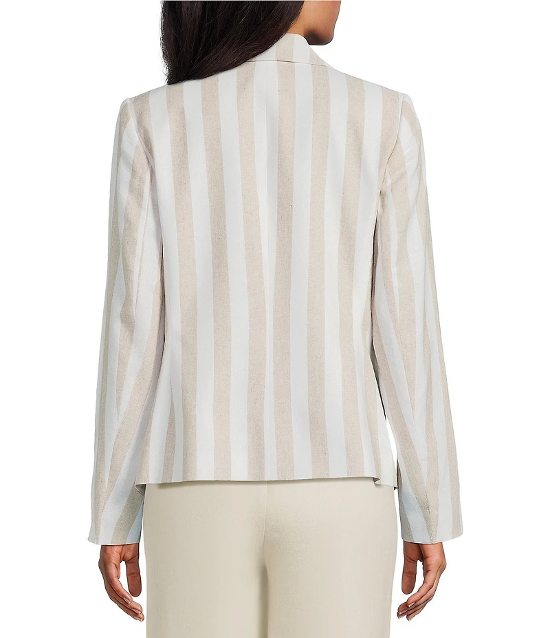 Jones New York Linen Blend Stripe Faux Double Breasted Notch Lapel Long Sleeve Open Front Blazer