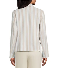 Jones New York Linen Blend Stripe Faux Double Breasted Notch Lapel Long Sleeve Open Front Blazer