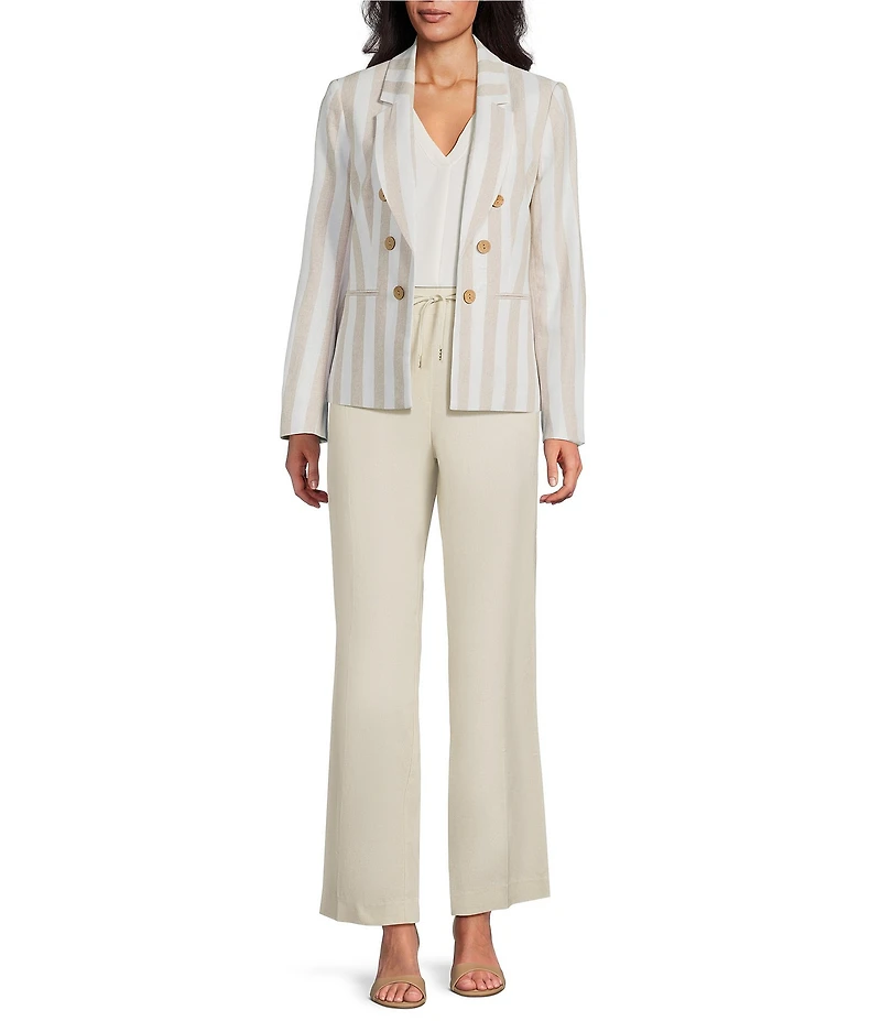 Jones New York Linen Blend Stripe Faux Double Breasted Notch Lapel Long Sleeve Open Front Blazer