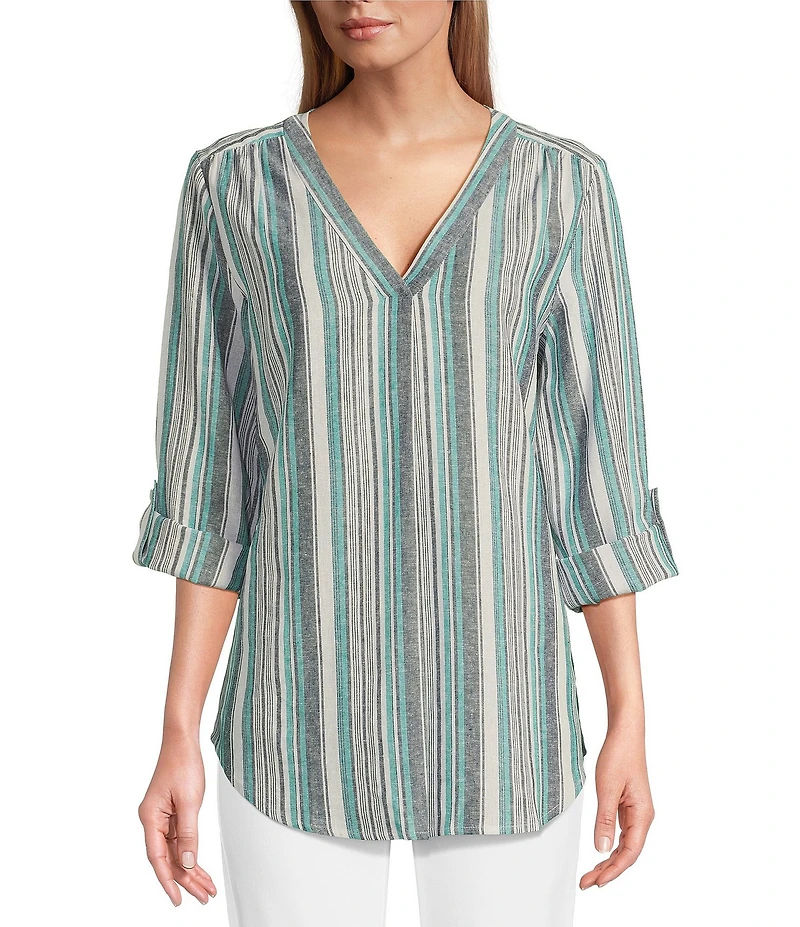 Jones New York Linen Blend V-Neck Roll Tab Sleeve Tunic
