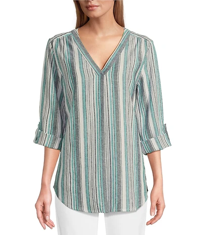 Jones New York Linen Blend V-Neck Roll Tab Sleeve Tunic