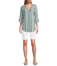Jones New York Linen Blend V-Neck Roll Tab Sleeve Tunic