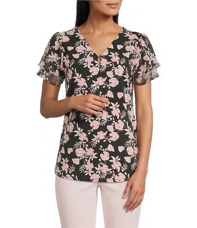 Jones New York Mixed Media Floral V-Neck Short Double Flutter Sleeve Top