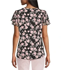 Jones New York Mixed Media Floral V-Neck Short Double Flutter Sleeve Top