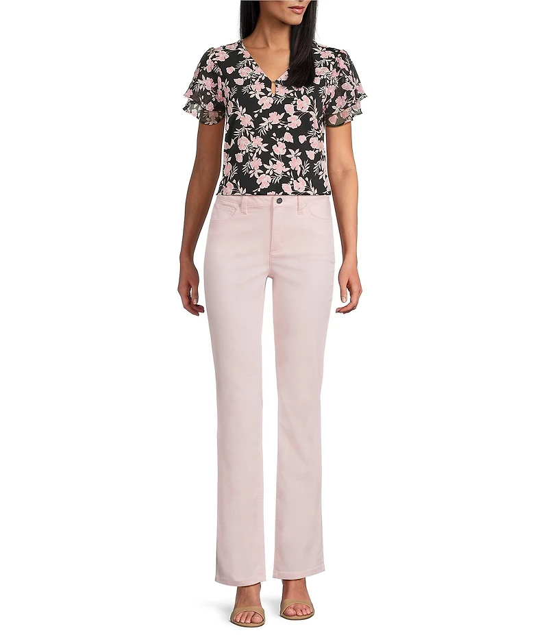 Jones New York Mixed Media Floral V-Neck Short Double Flutter Sleeve Top