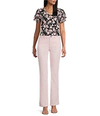 Jones New York Mixed Media Floral V-Neck Short Double Flutter Sleeve Top