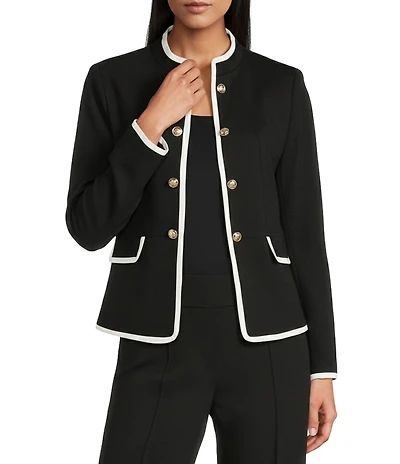 Jones New York Modern Compression Military Crew Neck Long Sleeve Button Front Jacket