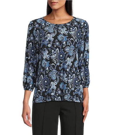 Jones New York Paisley Crew Neck 3/4 Puff Sleeve Top